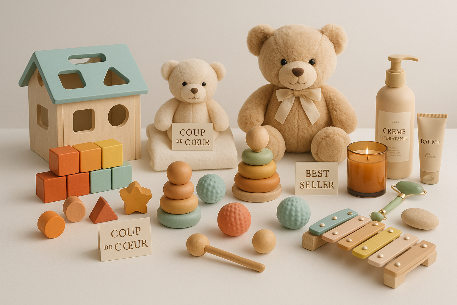 image représentant les best sellers et les coups de coeur de notre boutique qui vend jouets pour enfants et bébé, eveil et educatif, mais aussi des produits pour que les mamans prennent soin d'elle, le tout a petit prix.
