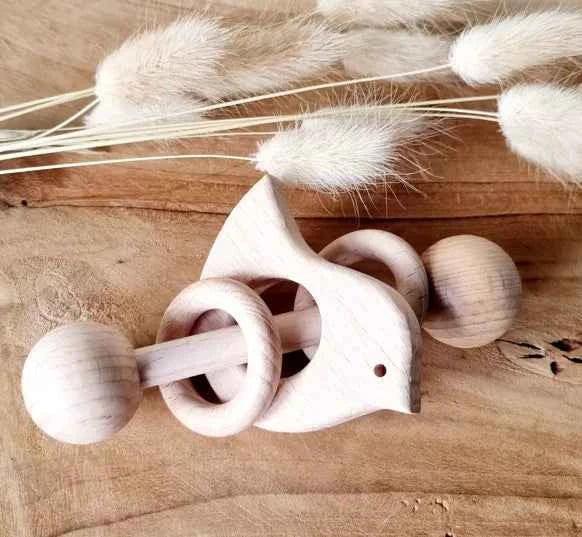 Hochet en bois avec anneaux - Oiseau - Couettes et Chouquettes