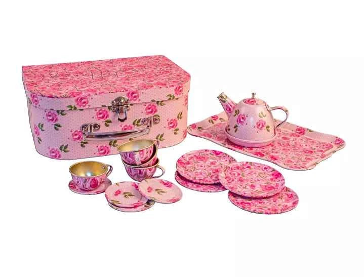 Service à thé valisette fleurs roses - Couettes et Chouquettes