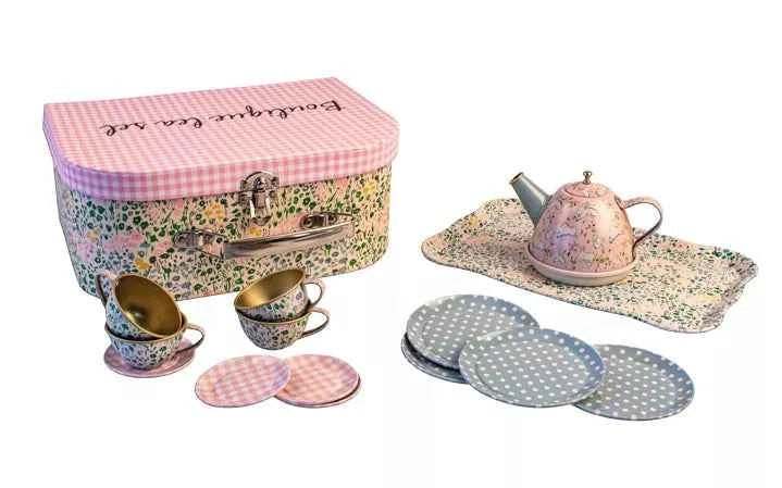 Service à thé valisette verte, motifs fleuris - Couettes et Chouquettes